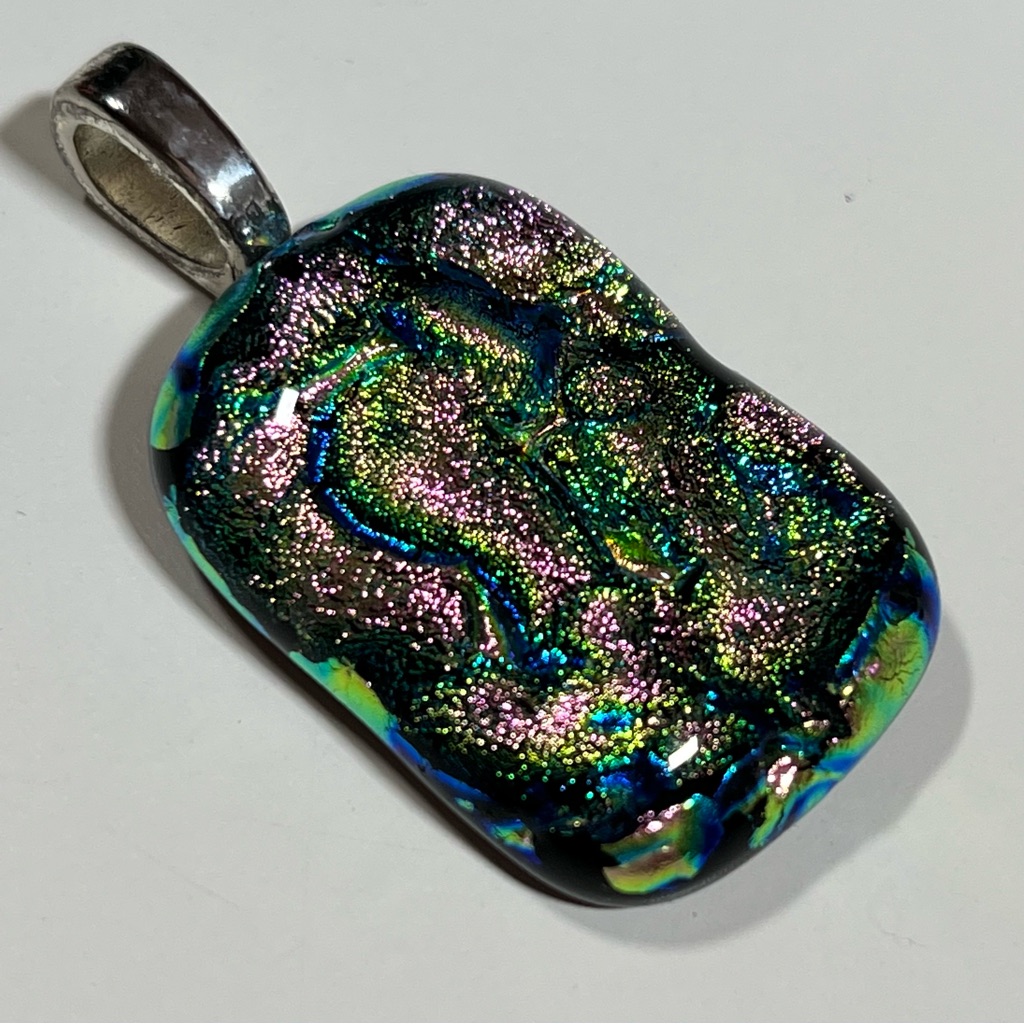 Vintage 80 90 Signed Goth Black Pink Kelly Green Art Glass Pendant Necklace